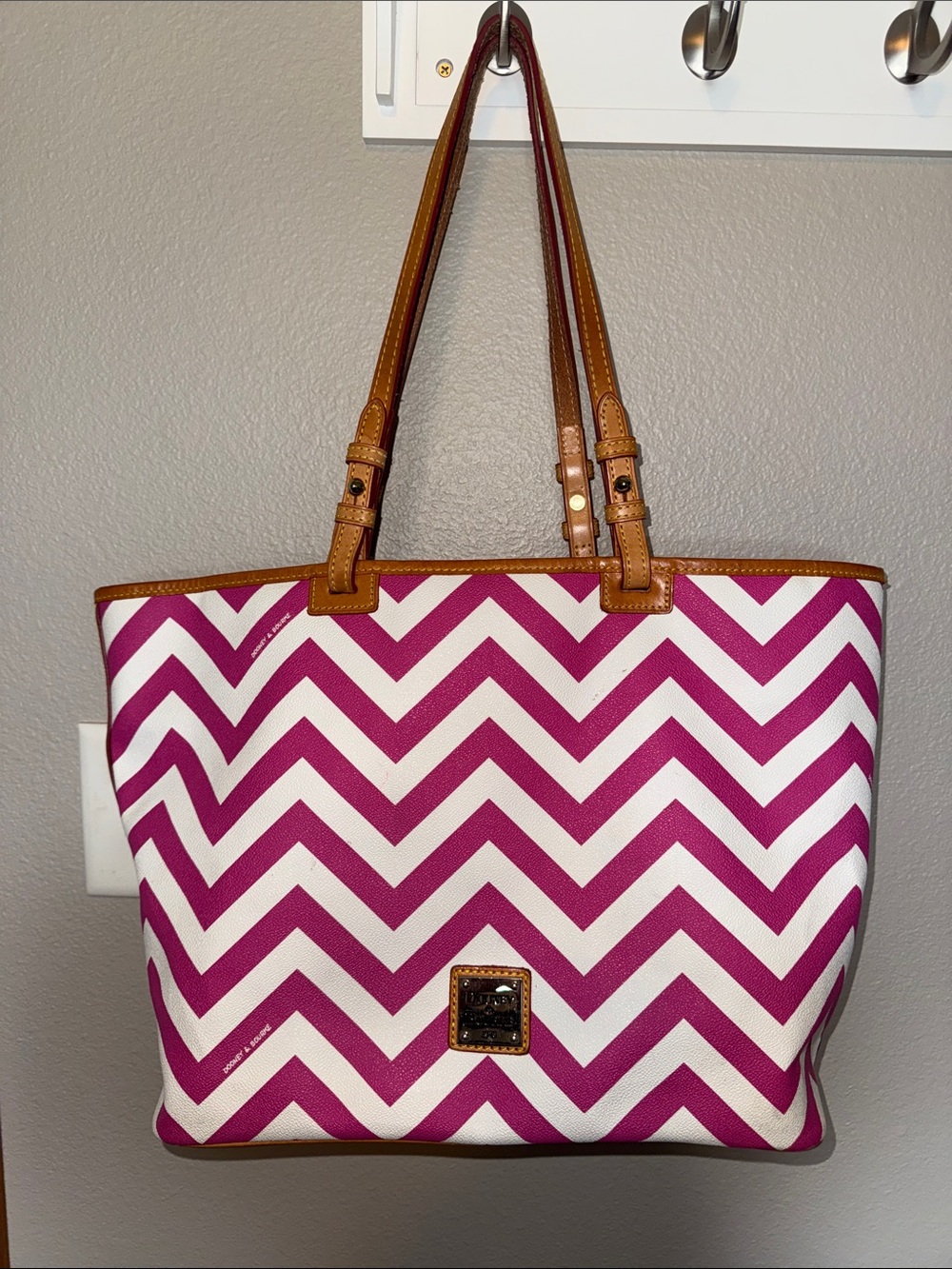 Dooney & Bourke Chevron Pattern Pink and White Tote Bag with Tan Trim